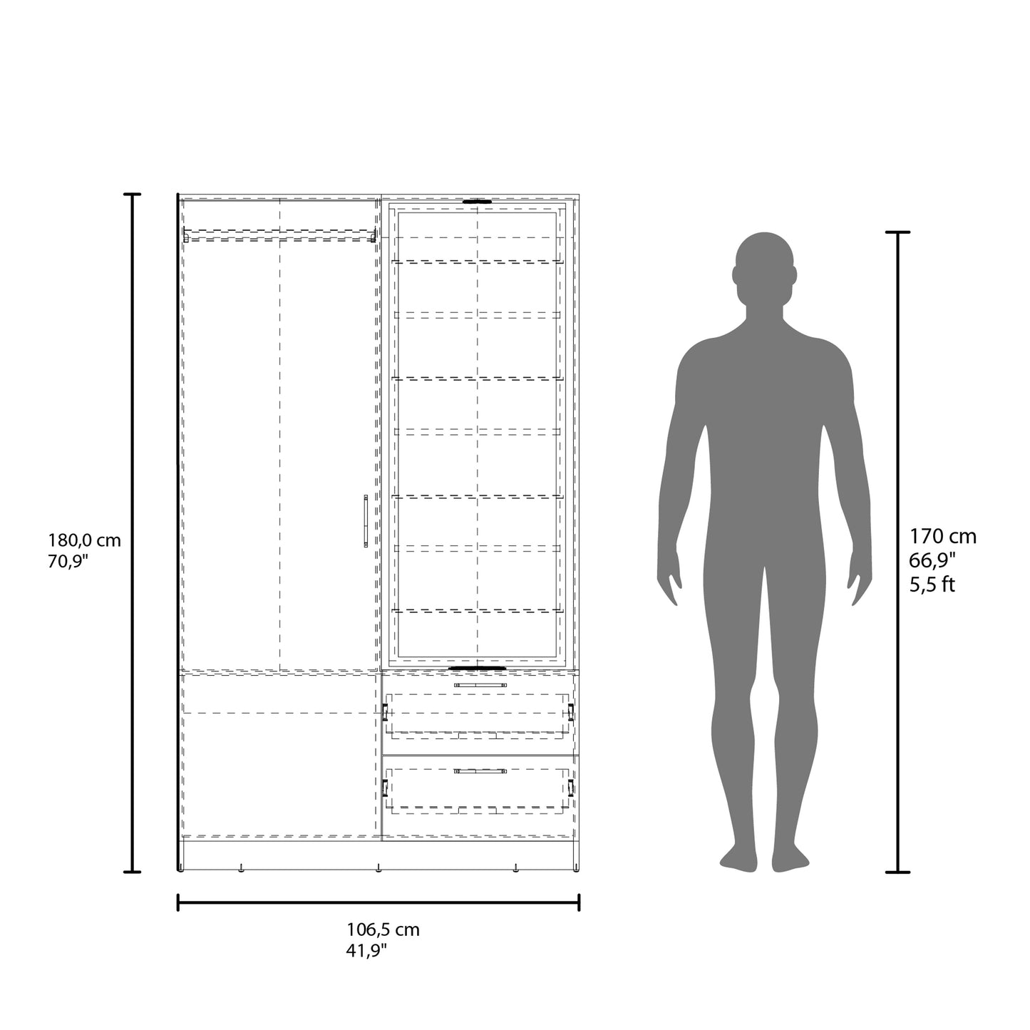 Seville 71" High Mirror Armoire, One Door Cabinet, Two Drawers , Hanging Rod, Rotating Mirror And Shoe Rack, Two Shelves