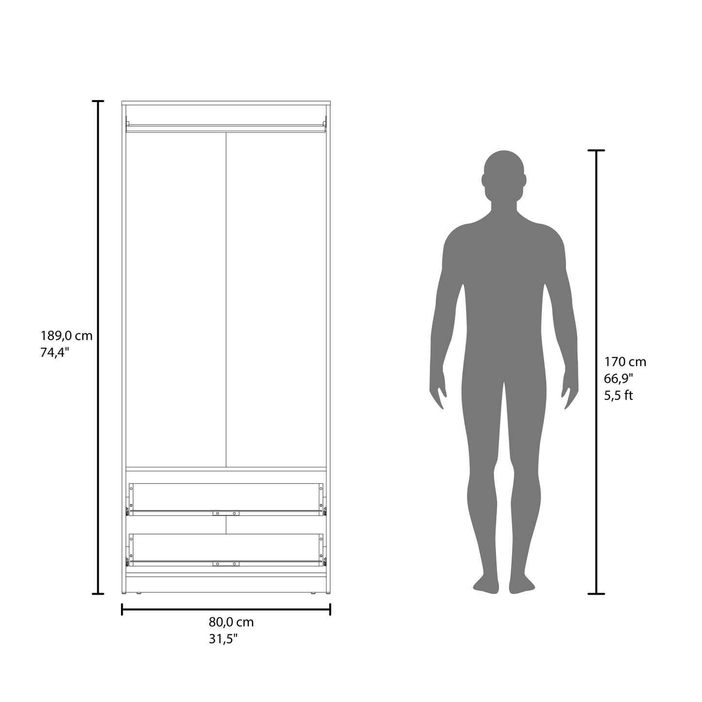 Wenden Armoire Double Doors, Two Drawers, Hanging Rod An Interior Shleves, Wardrobe