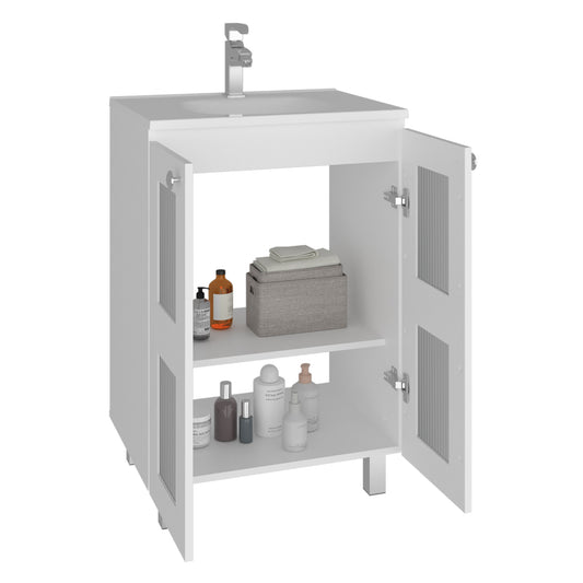 Haysi Bathroom Vanity Cabinet with 2 frosted glass Doors, Resin Sink and 2 Interior Shelves Cabinet, Compact Vintage and Modern Bathroom Vanity