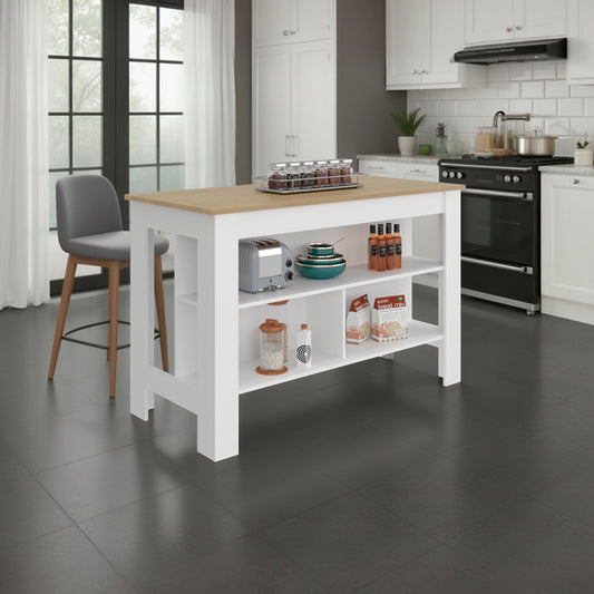 Cala Wide Kitchen Island with Spacious Tabletop, Three Open Storage Shelves, Four Sturdy Legs and Comfortable Meal Prep Workstation