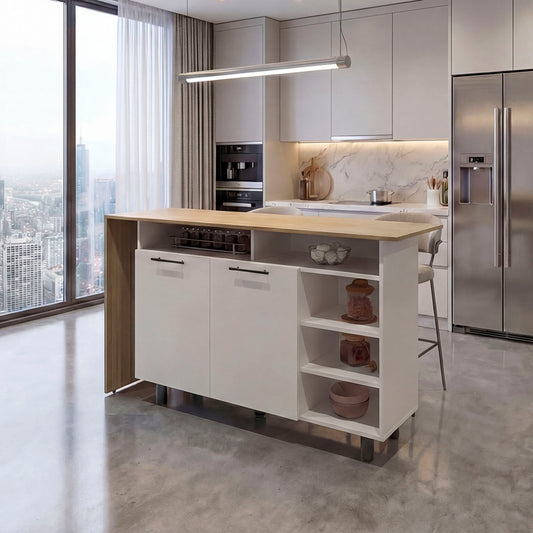Corcega Kitchen Counter Table and Island with Open Display Shelves and 2 Door Cabinet, Manufactured Wood Sideboard