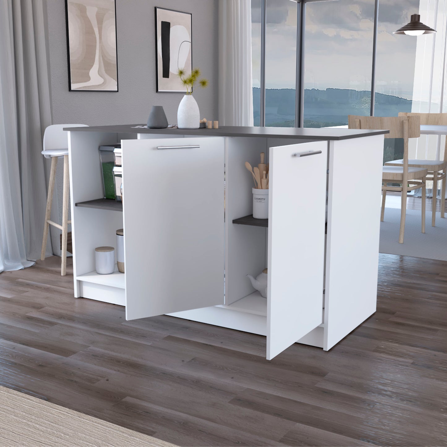Juniper Kitchen Island, Four Open Shelves, Two Cabinets