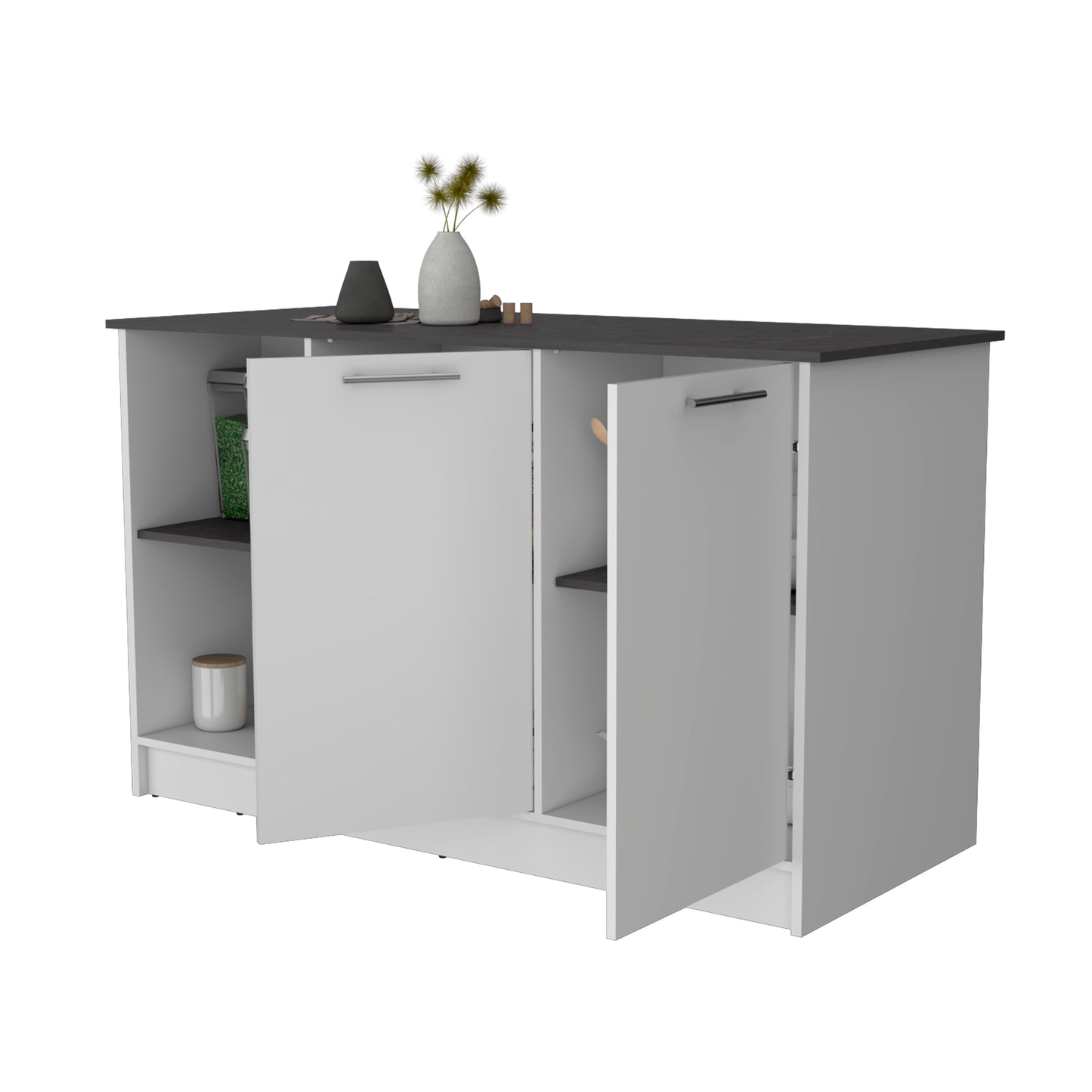 Juniper Kitchen Island, Four Open Shelves, Two Cabinets