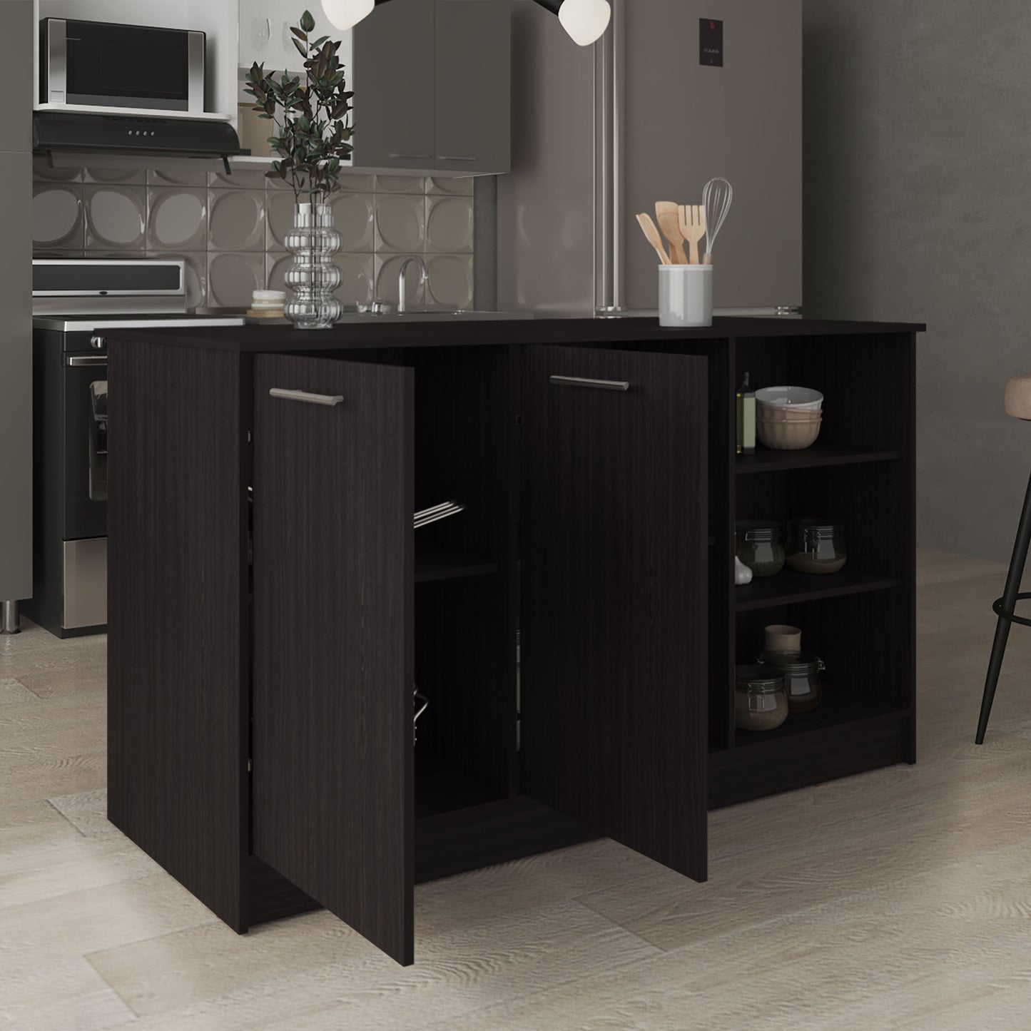 Ginger Kitchen Island, Three Open Shelves, Two Cabinets