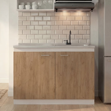 Napoles Utility Sink with Faucet Inclued and Integrated Steel Counter top, Freestanding cabinet with two doors, Metal Handles and Two interior shelves.