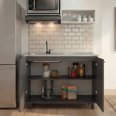 Napoles Utility Sink with Faucet Inclued and Integrated Steel Counter top, Freestanding cabinet with two doors, Metal Handles and Two interior shelves.