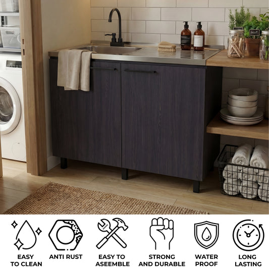 Tuhome Napoles Utility Sink with Cabinet, Stainless Steel Countertop, Interior Storage Shelf, Wide Dual-Door Base Cabinet, Modern Multi-Purpose Laundry and Kitchen Utility Station for Home Organization