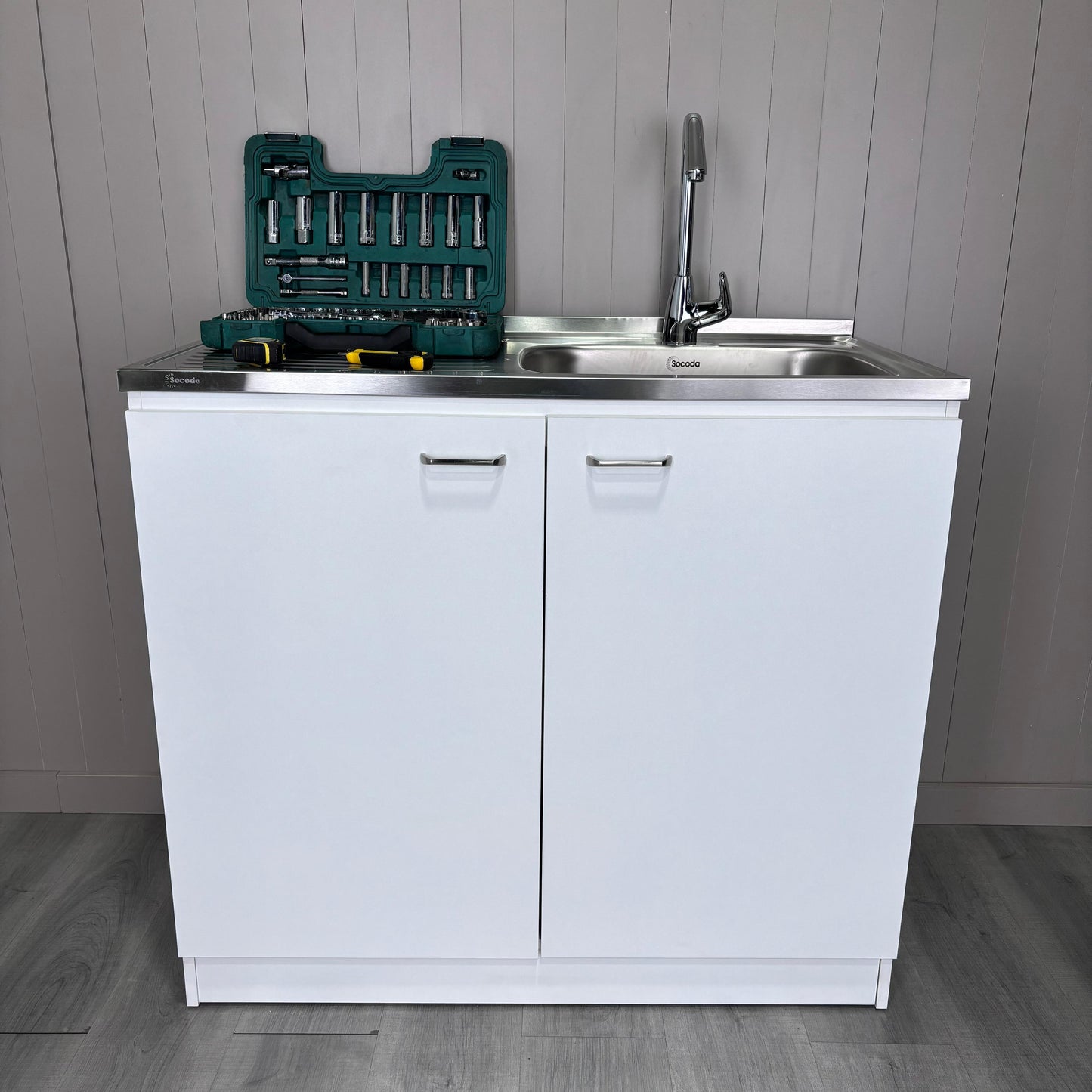 Napoles Utility Sink, Two Shelves, Double Door Cabinet