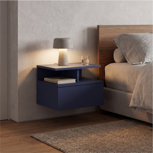 TUHOME Adele Floating Nightstand with Single Drawer and Two Lower Storage Shelves, Wall-Mounted Space-Saving Bedside Organizer for Modern Bedrooms, Compact Display and Storage Solution for Essentials and Decorative Items