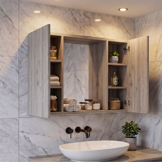 Tuhome Artemisa Medicine Cabinet with Integrated Mirror, Six Interior Storage Shelves, Secure Double-Door Design, Space-Saving Wall Cabinet for Organized Bathrooms and Daily Essentials.