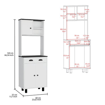 Salen Kitchen Pantry with Two Cabinets, Two Open Shelves and Built-In Drawer, Multi-Section Storage Unit for Organizing Food, Utensils and Kitchen Essentials with Space-Saving Vertical Design for Modern Homes