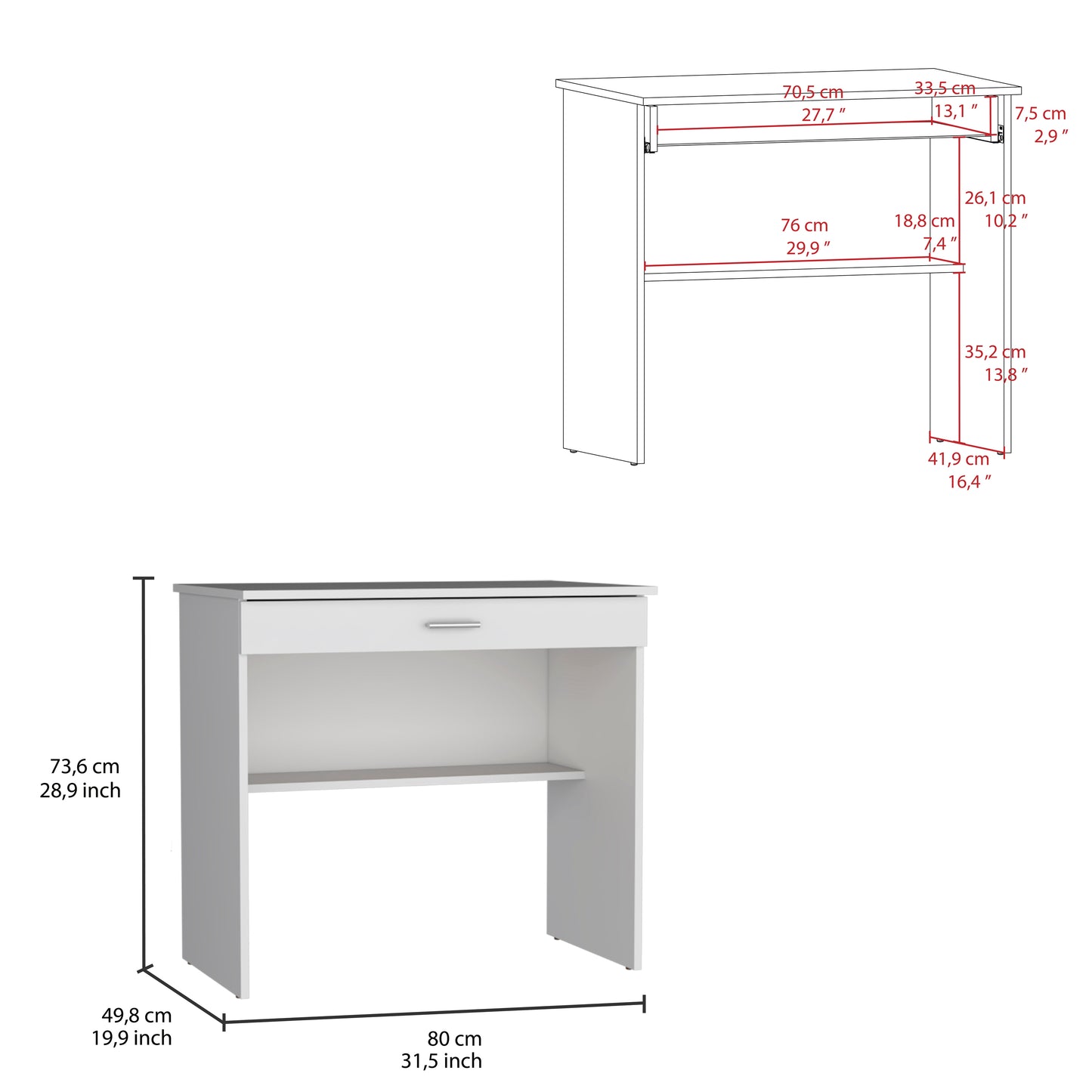 Home Writing Desk with Open Storage Top Shelf, One Drawer, Compact Design, 31” Wide Computer Desk, Ideal for Home Office