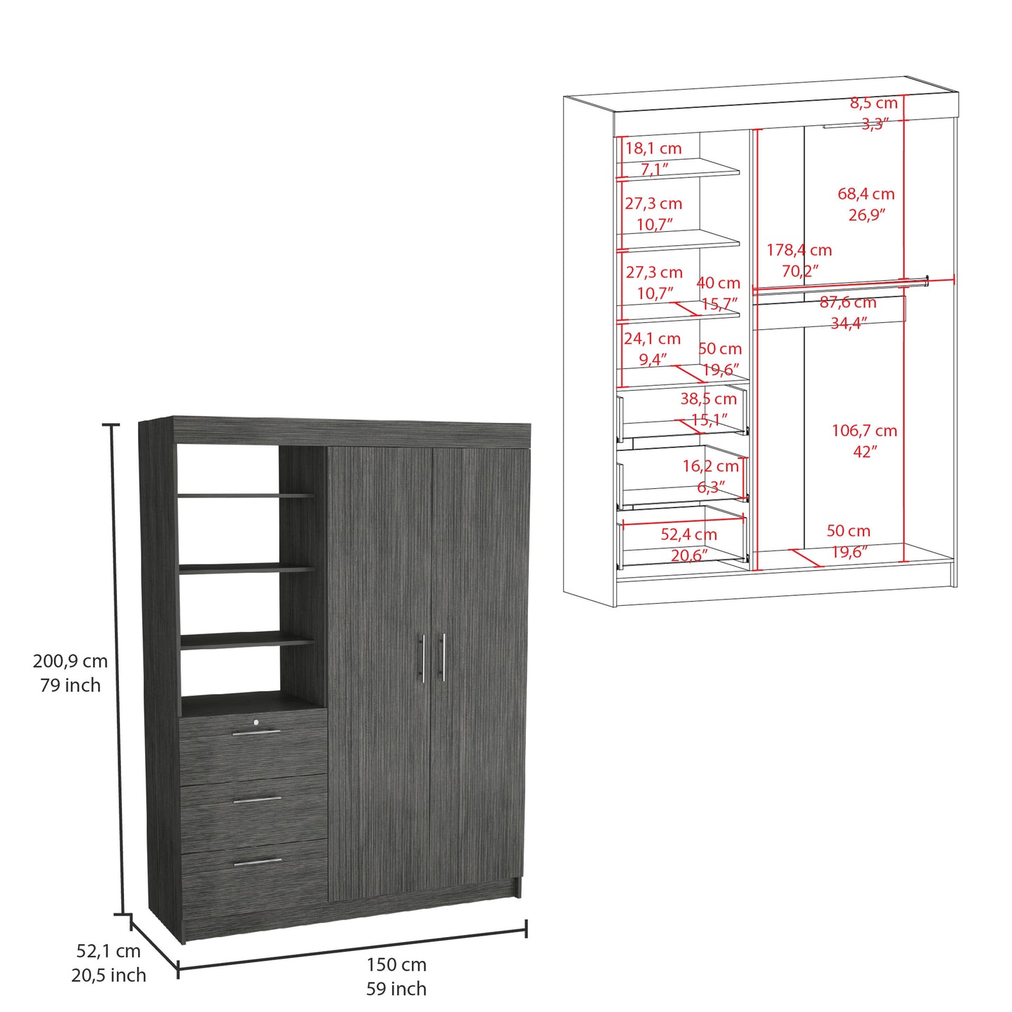 Armoire Kenya 3 Drawers, Four Shelving and Large Storage