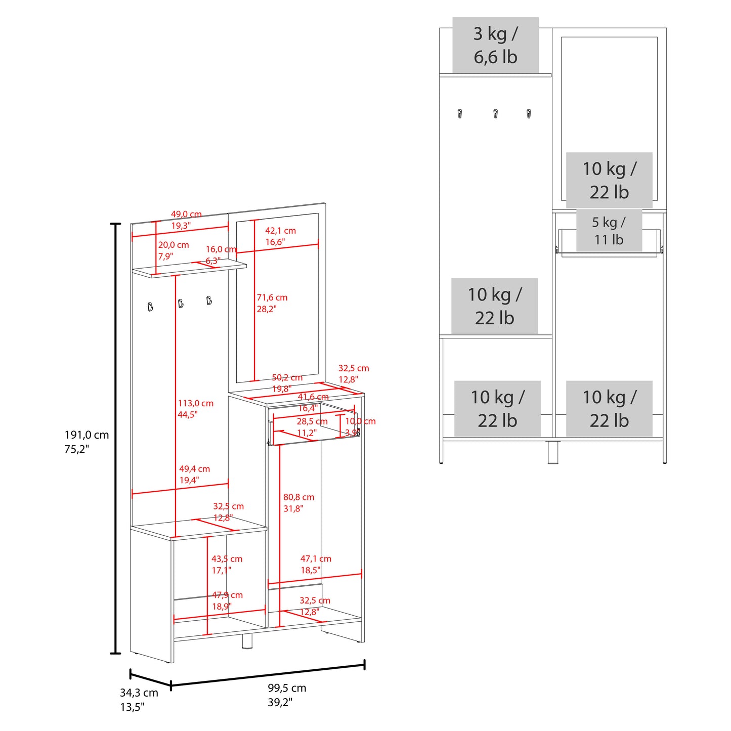 Parker Mirrored Tree Hall with Hangers, Three Shelves, Two Cabinets, One Drawer, Entry way, Console Table, Living Room 75" Tall