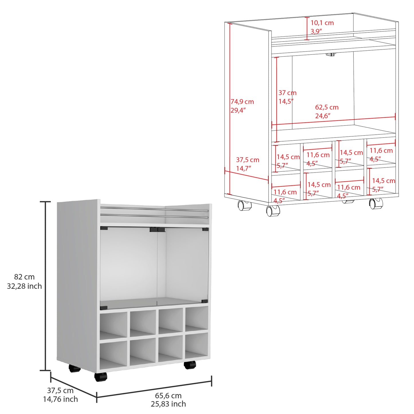 Bar Cart St Andrews with Cubby Shelving and Superior Glass Support