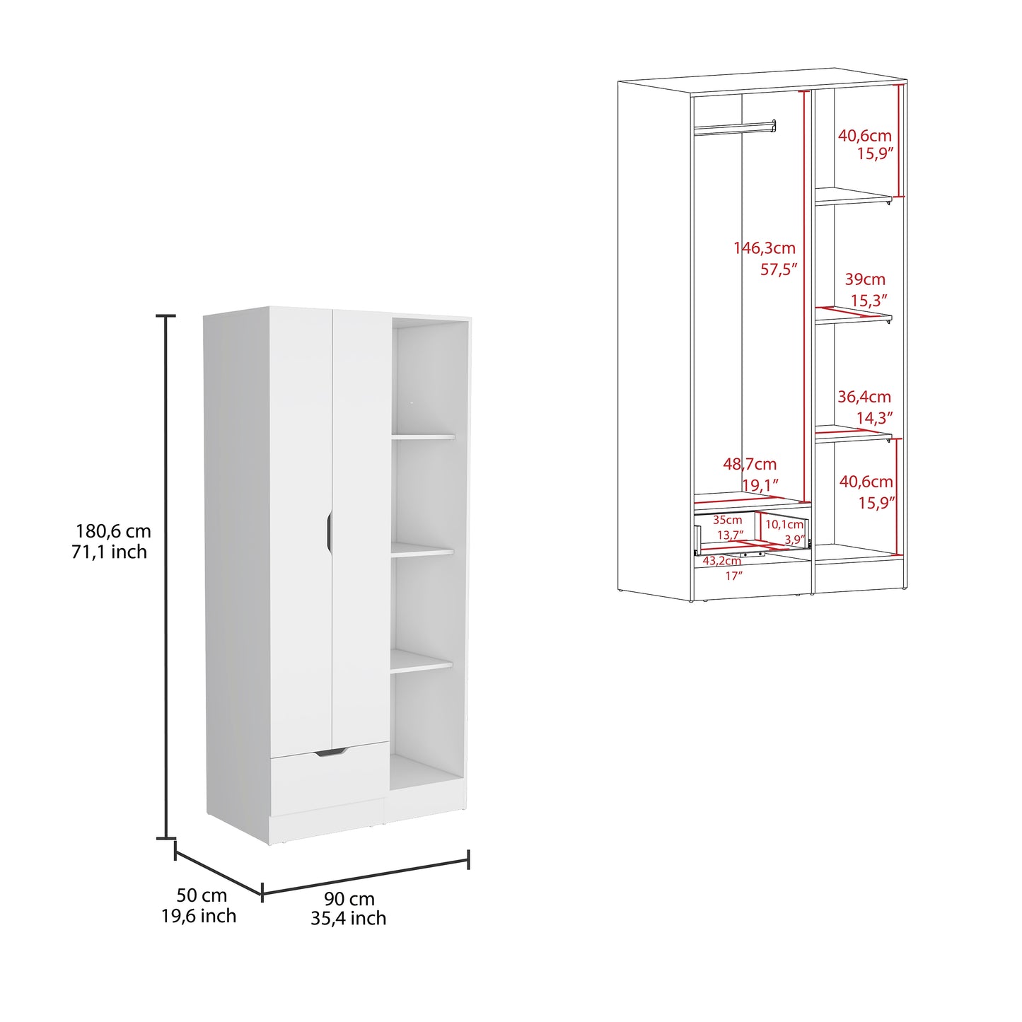 Memphis Wardrobe Armoire with 4-Tier Storage Shelves and 1 Drawer
