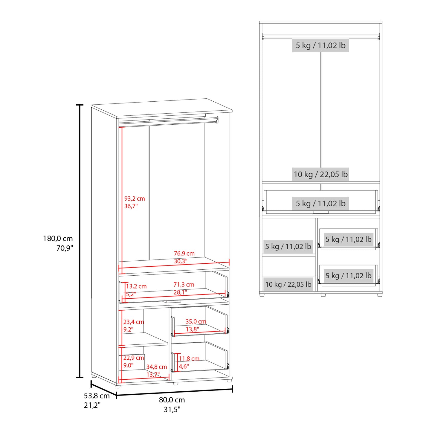 Alpine Armoire With Double Doors, Internal Shelves And Hanging Rod