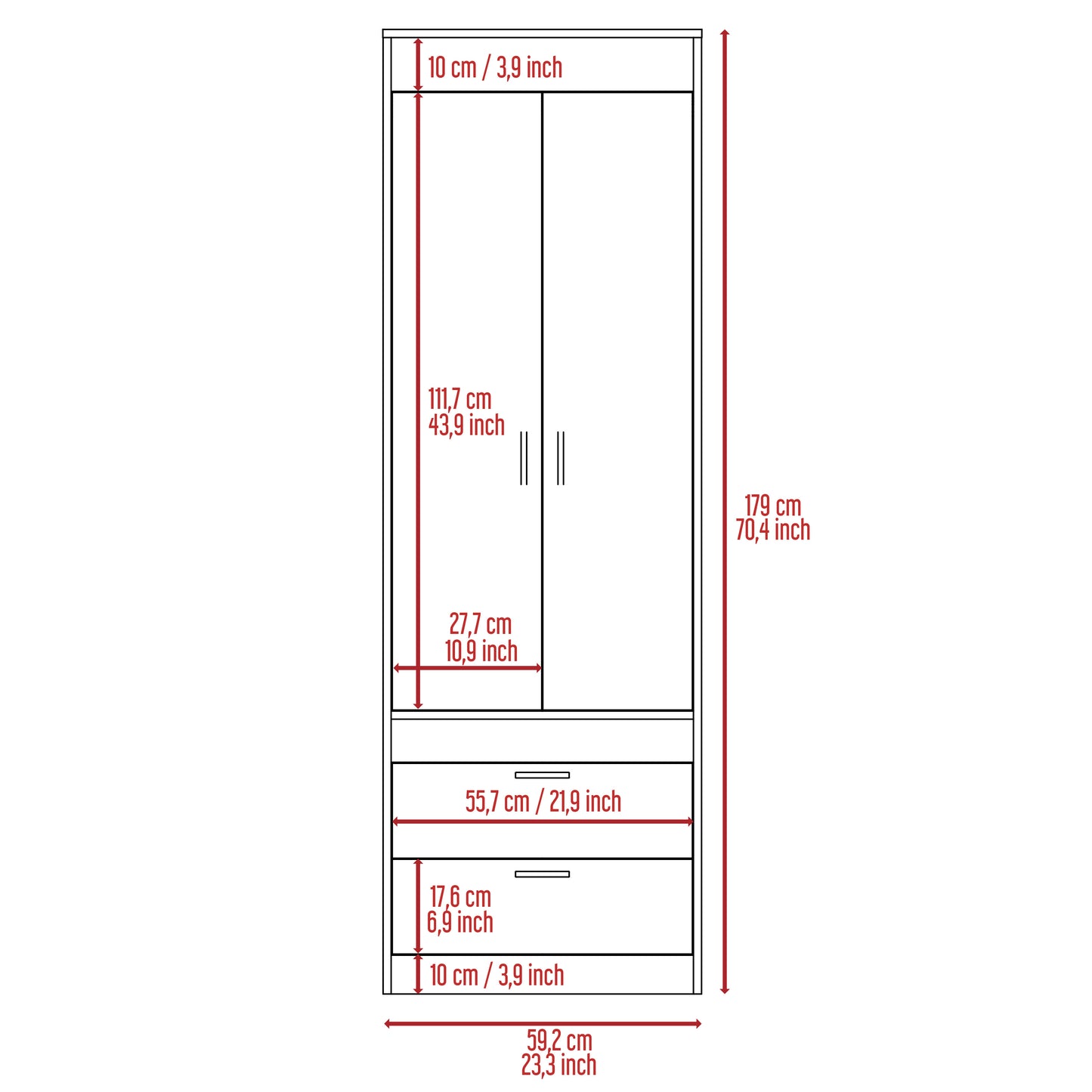 Simone Armoire, Rod, Double Door, Two Drawers, Metal Handles