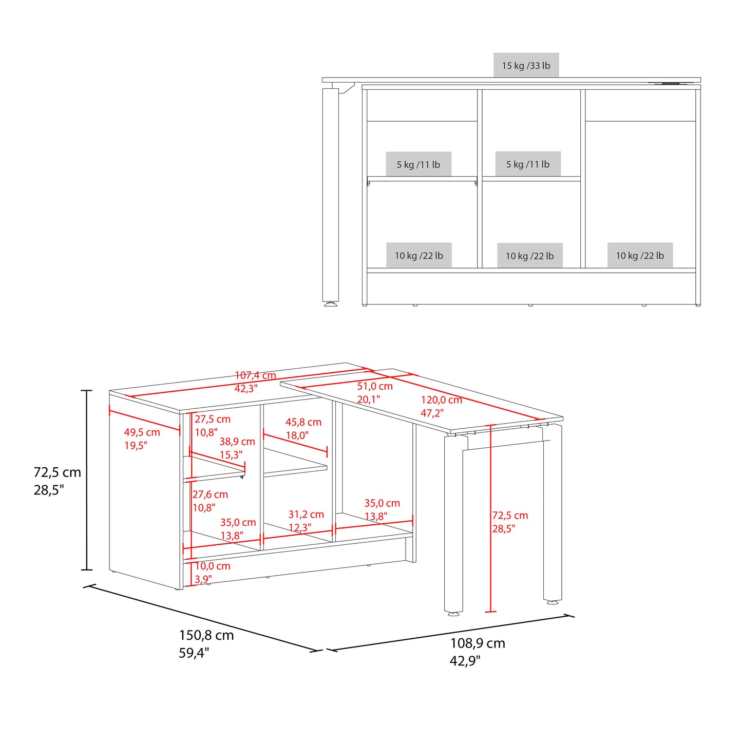 Alfie Rotable Desk 72-Inch Wide or Compact, Adjustable Workstation In Two Directions with Storage Compartments, For Home Office or Studio