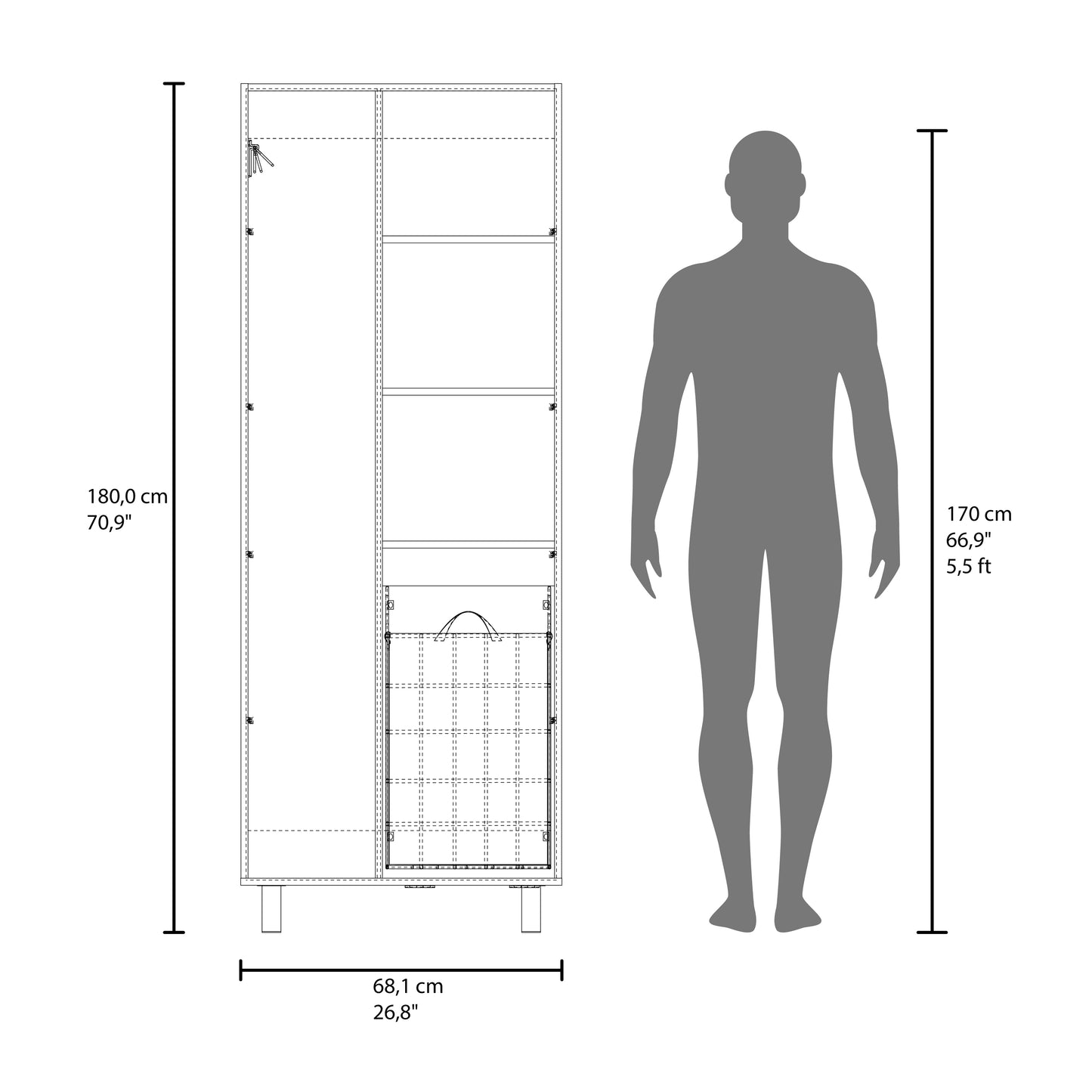 Iris 71" High Two-Door Broom Closet With Hamper , Four Shelves, Hangers, Storage Closet, Pantry Cabinet