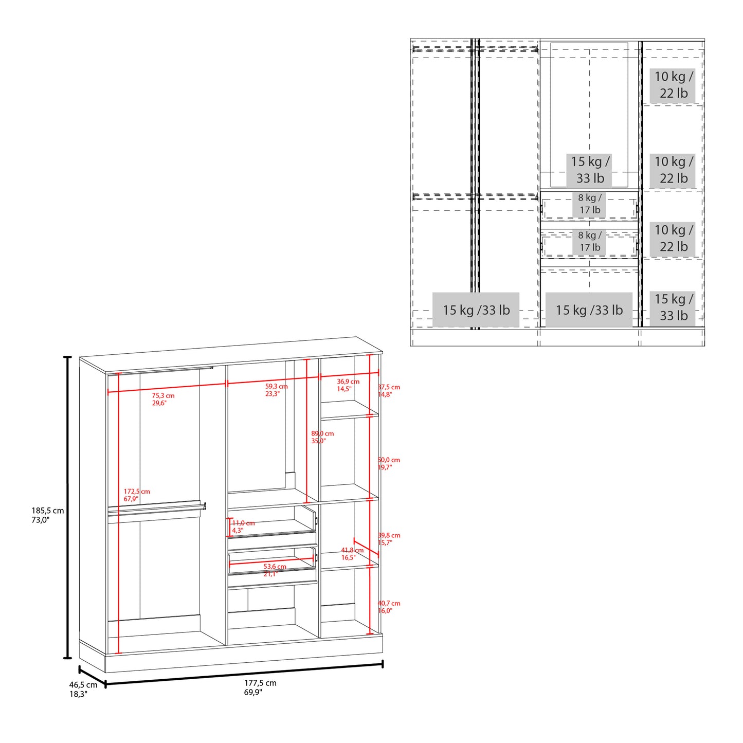 Kamelot 1,80 Armoire With Double Doors, Hanging Rod And Interior Shelves