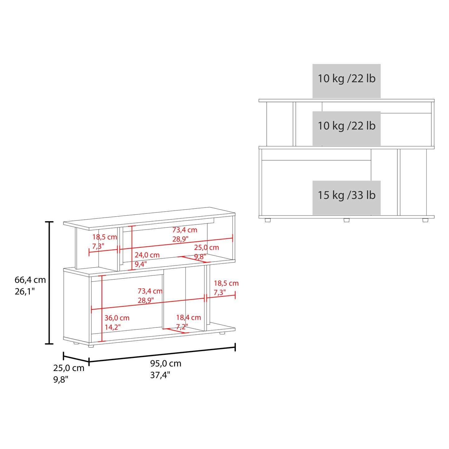 Asymmetrical Sofa SideTable with Open Storage Shelves, A Top Shelf, Modern Accent Style Table for Living Room Or Entryways