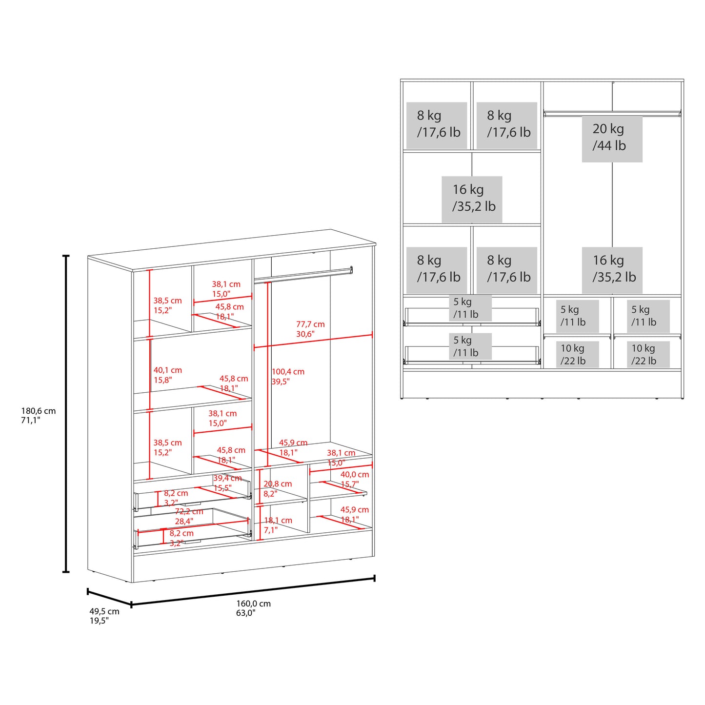 Bolton 160 Armoire, Six Shelves, Two Double Door Cabinets, Two Mirrors, Two Drawers, Rod