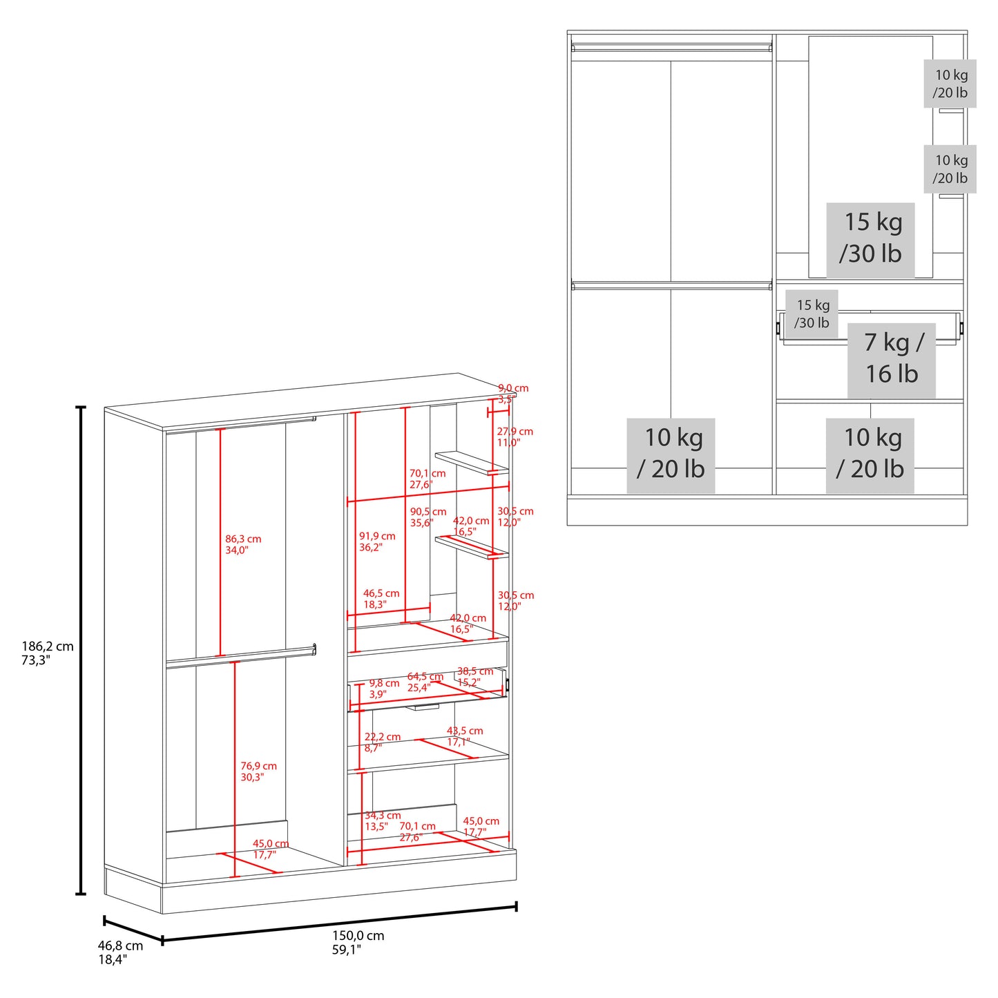 Kamelot Armoire With Double Doors, Hanging Rod And Interior Shelves