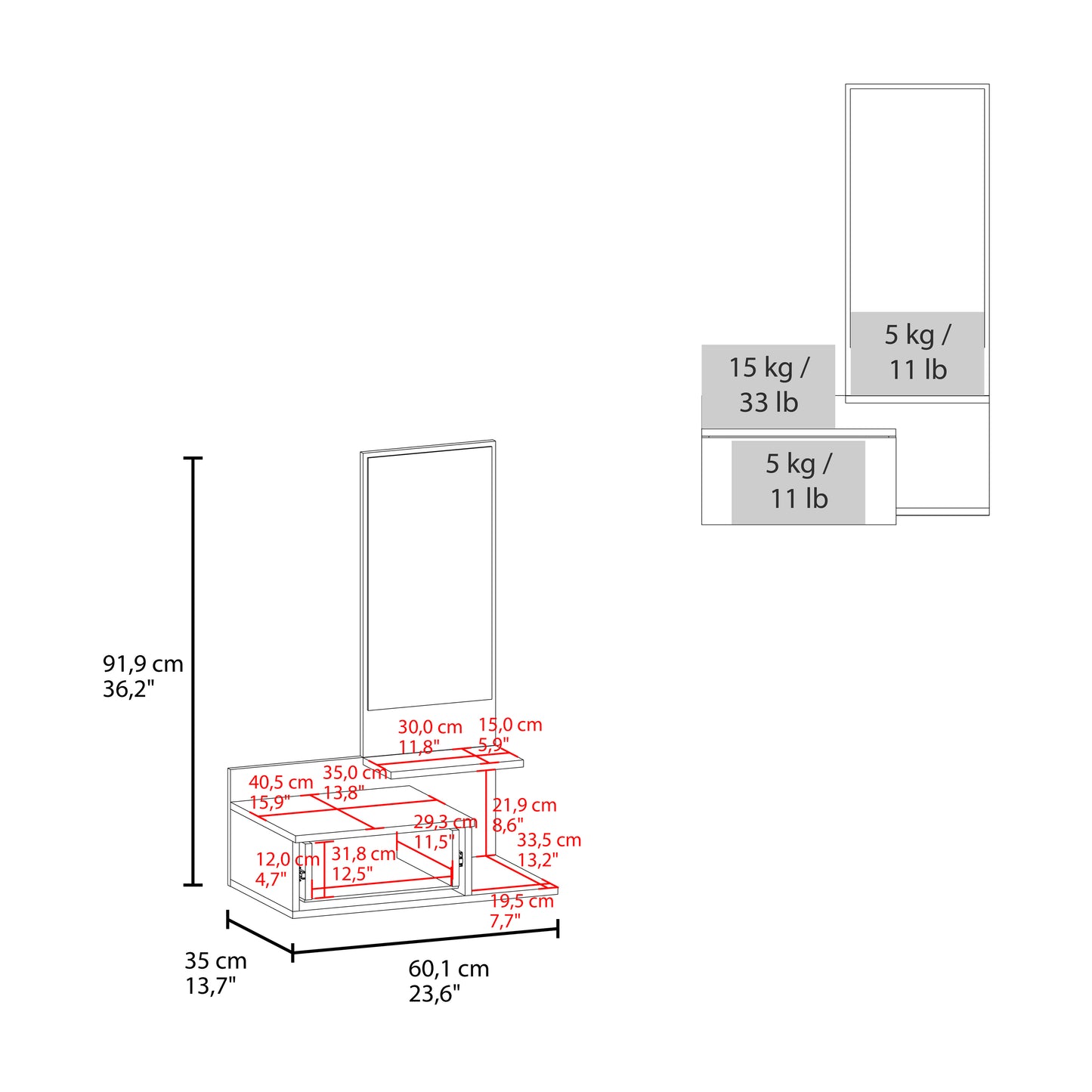 Vienna 23.6" Wide 3-Tier Shelf Floating Mirror Console Table, Full Extension Drawer