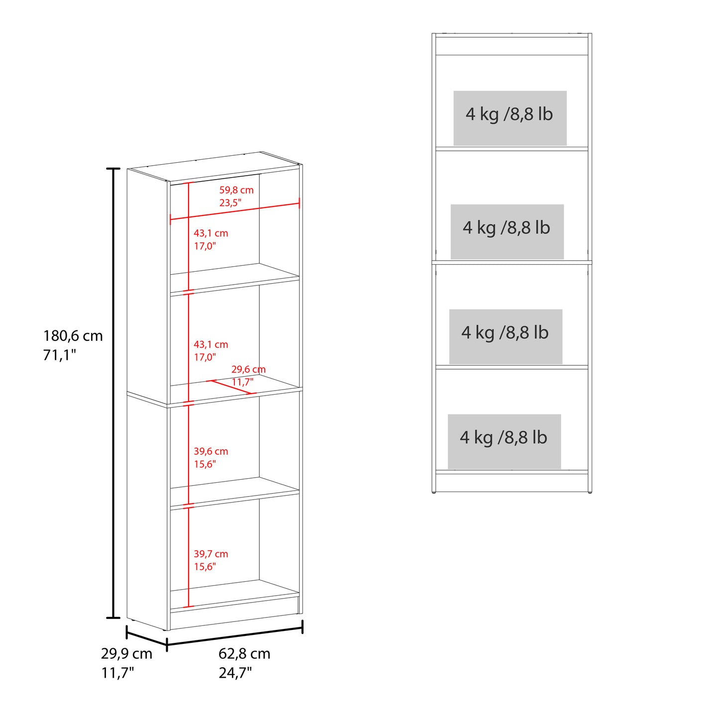 Home Tall Elegant 4-Shelf Bookcase, Open Storage