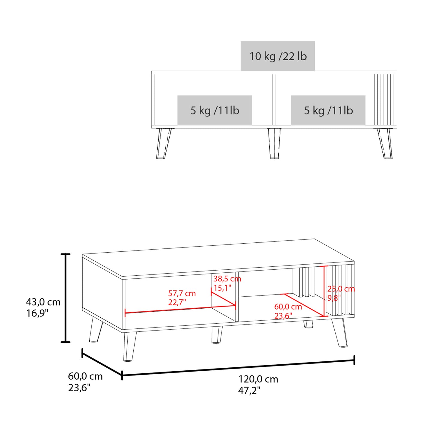 Vance 47" Wide Coffee Table with One Open Shelf and One pull Down Cabinet Door, Living Room, Storage