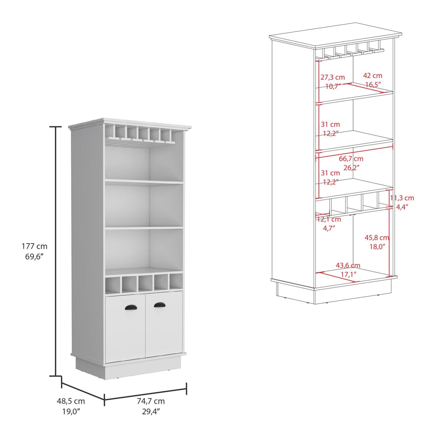 Dundee 70-Inch High 10-Glass Bar Cabinet With 5 Cubbies And 3 Open Shelves And Cabinet