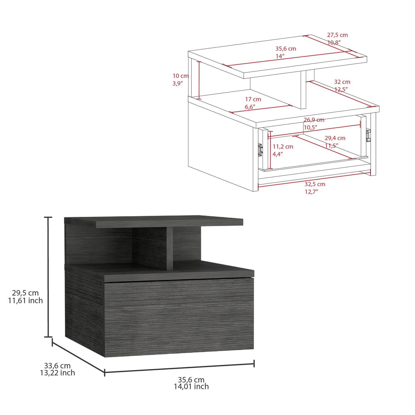 Adele Floating Nightstand, With One Drawer And Two Small Below Shelves For Storage or Decor