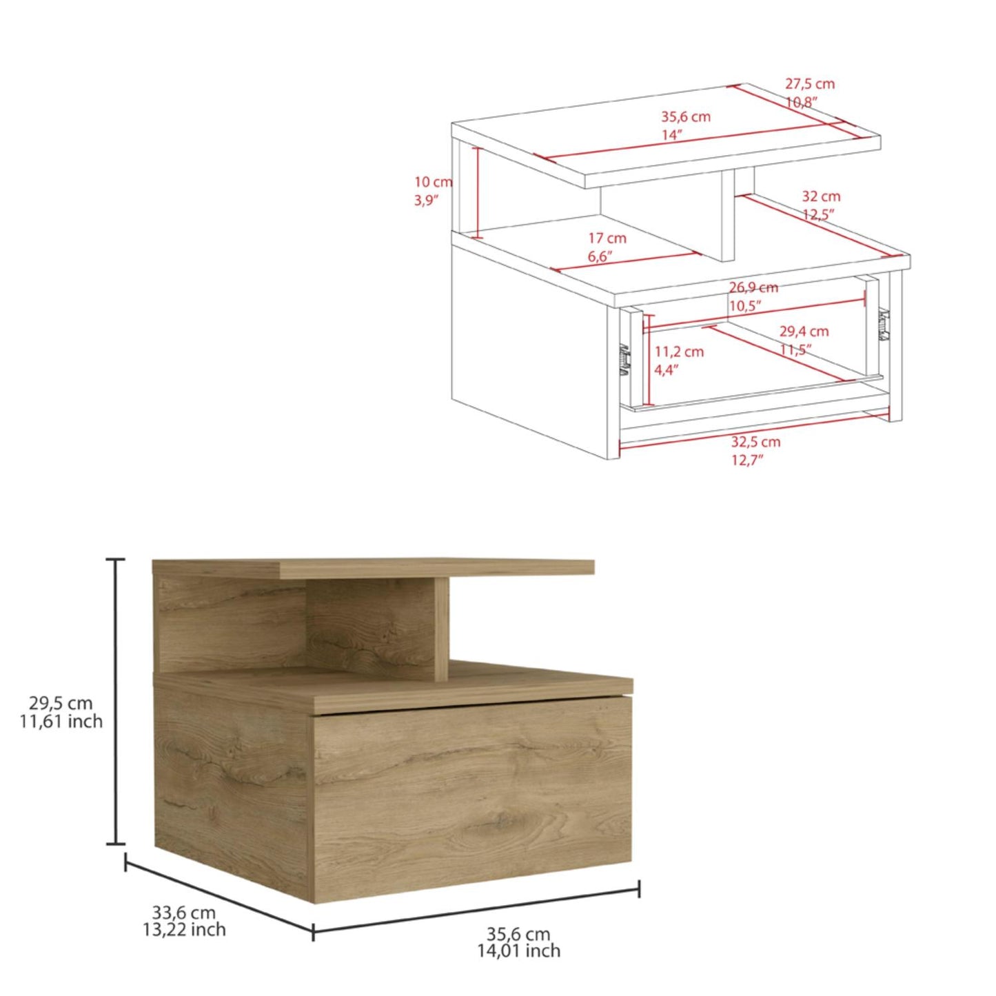 Adele Floating Nightstand, With One Drawer And Two Small Below Shelves For Storage or Decor