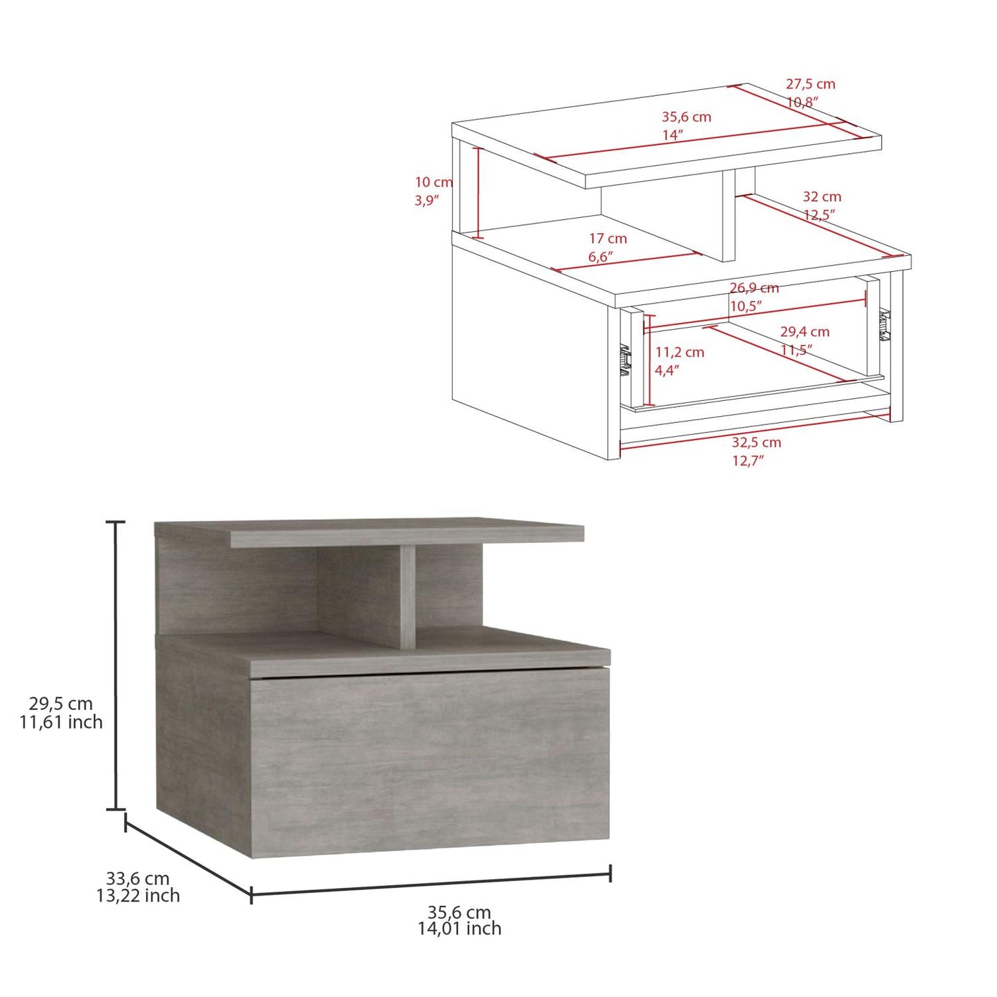 Adele Floating Nightstand, With One Drawer And Two Small Below Shelves For Storage or Decor