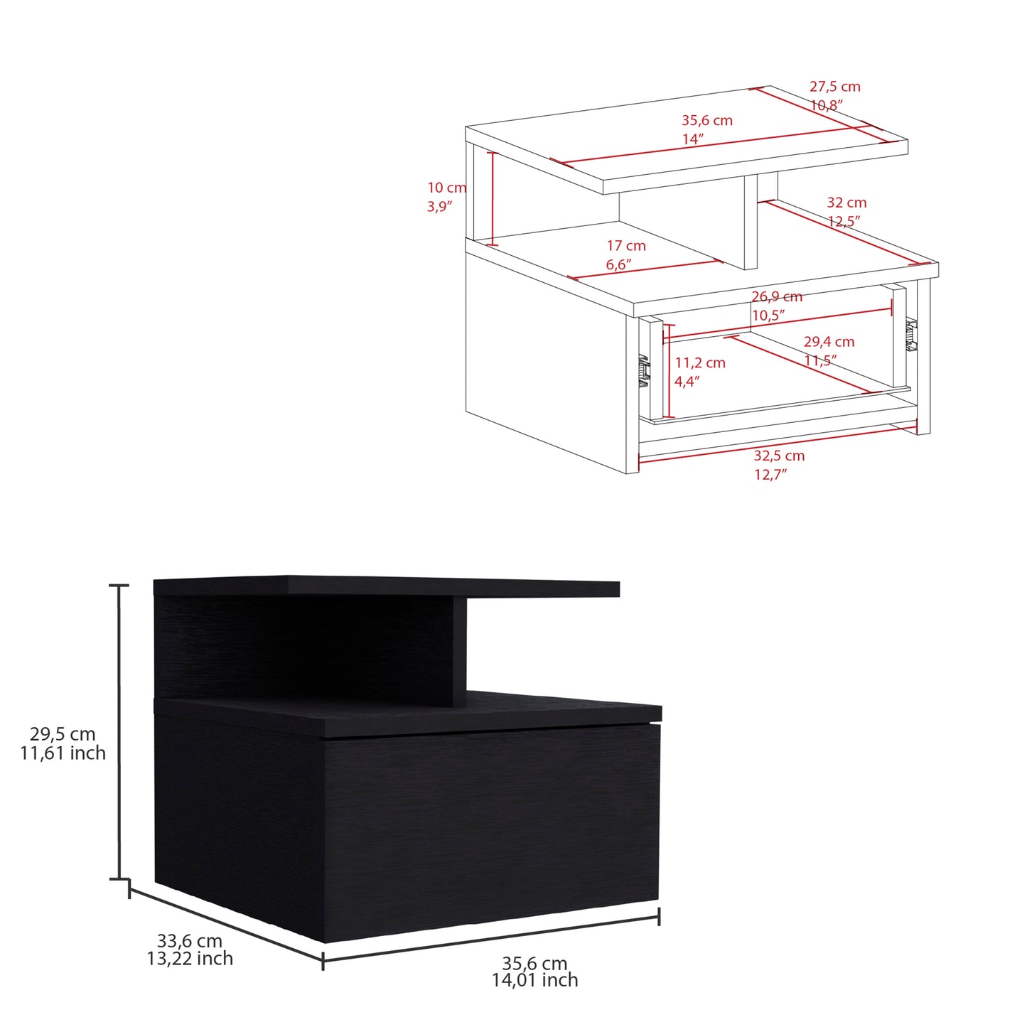 Adele Floating Nightstand, With One Drawer And Two Small Below Shelves For Storage or Decor
