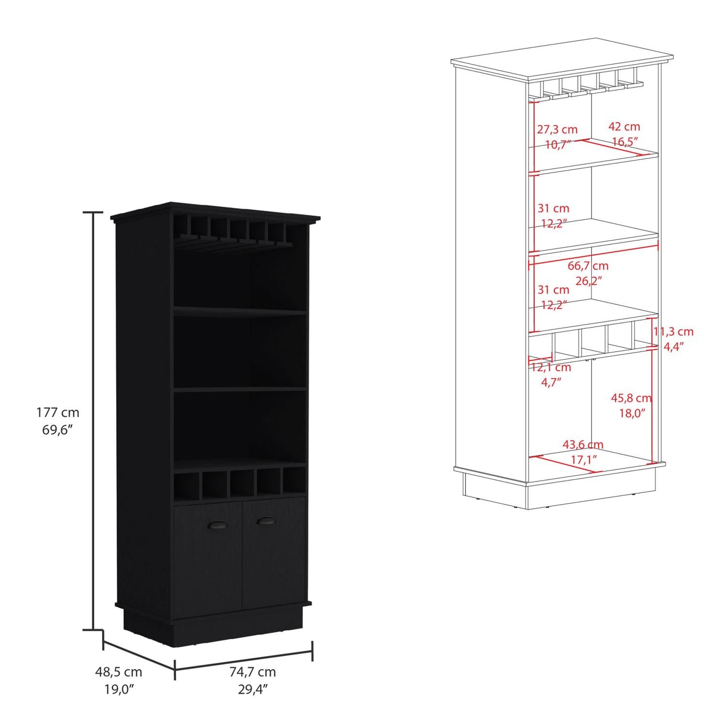 Dundee 70-Inch High 10-Glass Bar Cabinet With 5 Cubbies And 3 Open Shelves And Cabinet