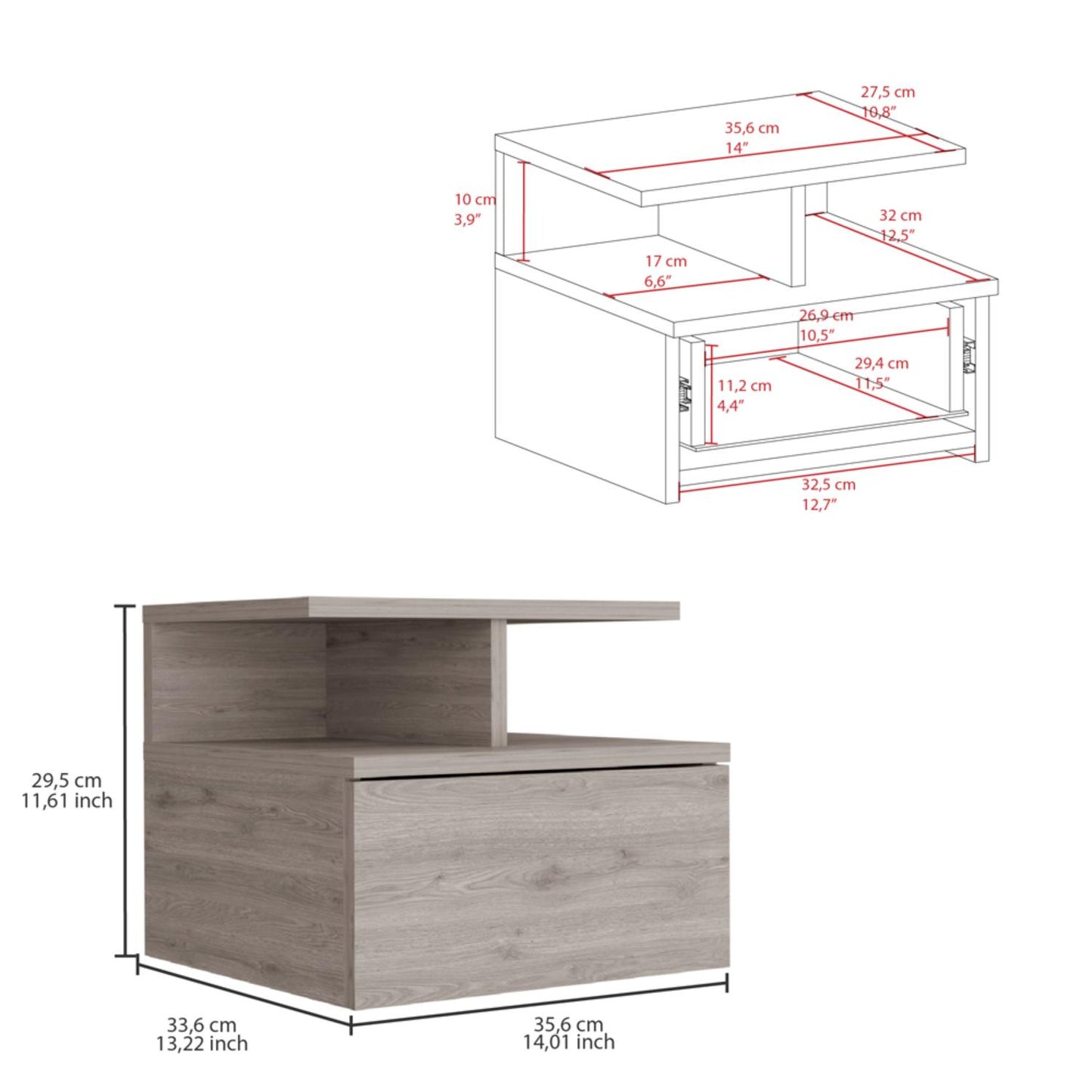 Adele Floating Nightstand, With One Drawer And Two Small Below Shelves For Storage or Decor