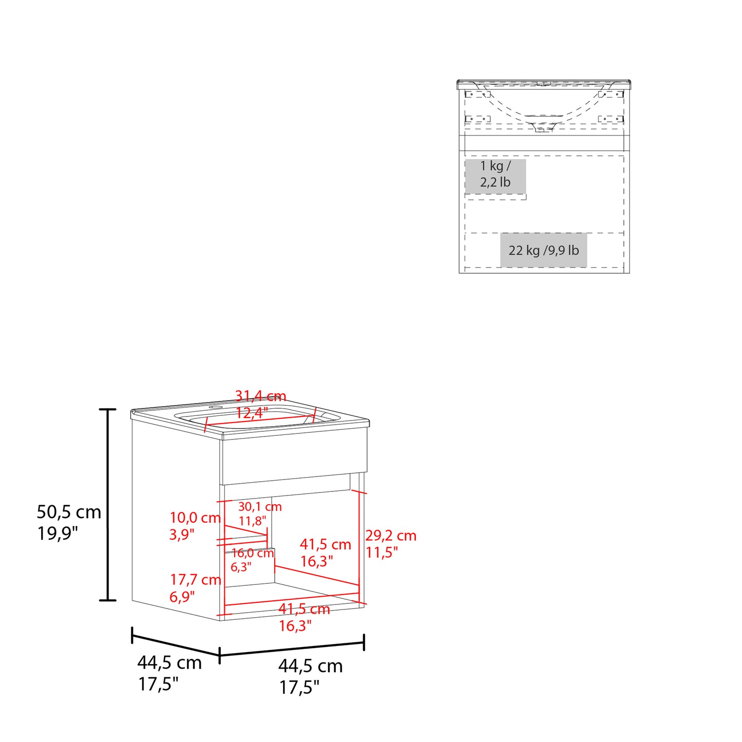 Floating Vanity Primavera 18" Wide, One Drawer with shelf