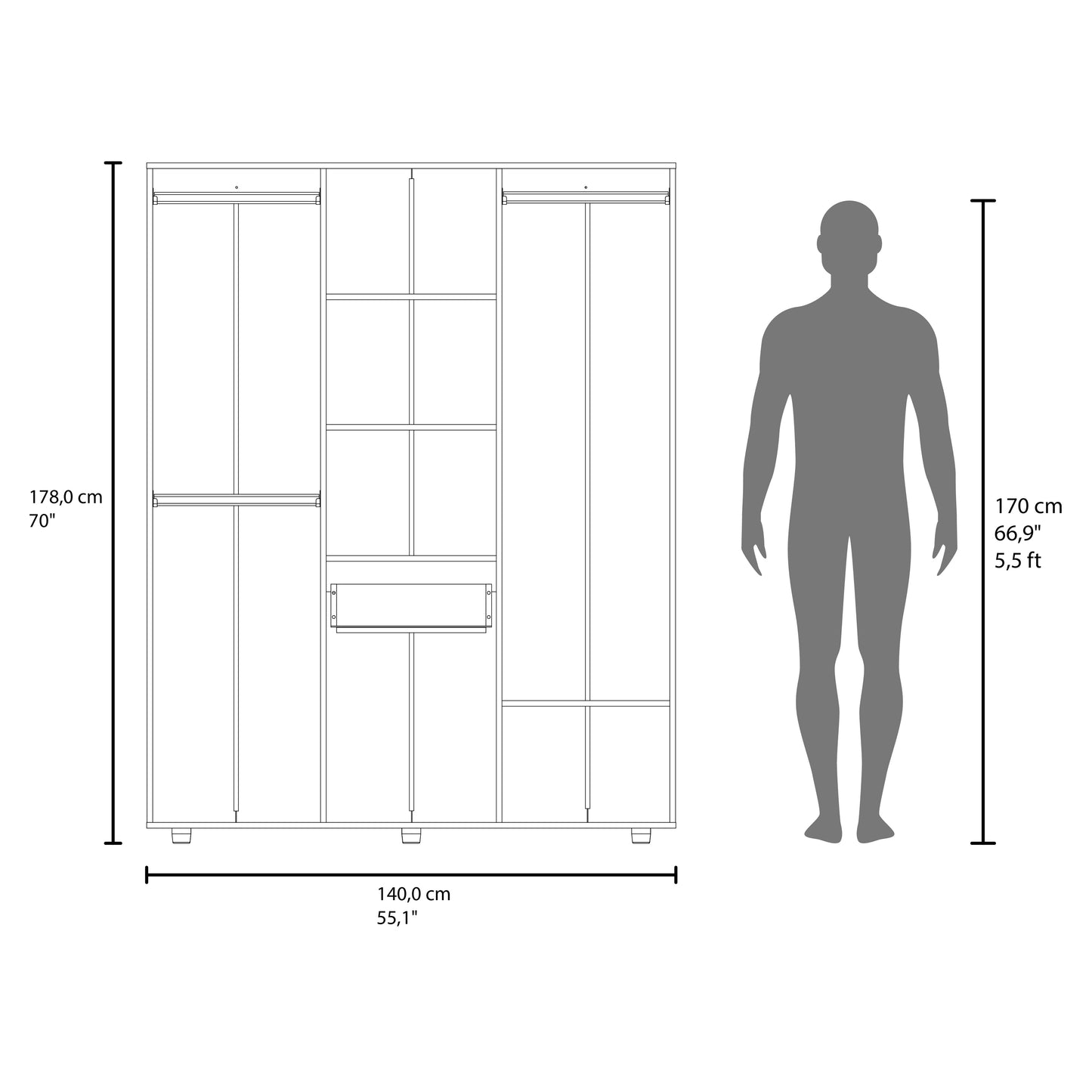 Bariloche 70" High Four- Door, One Drawer Armoire With Three Hanging Rods, Seven Shelves Bedroom, Wardrobe, Closet