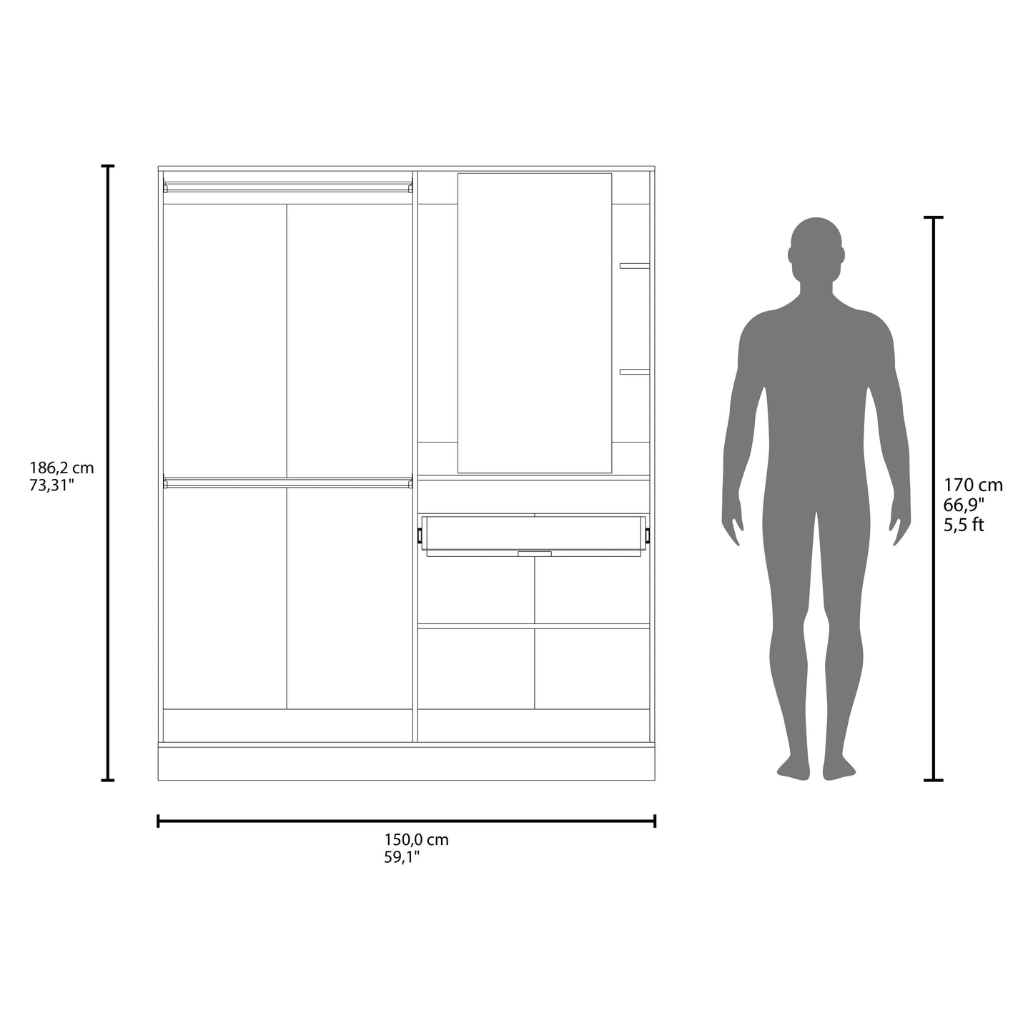 Kamelot Armoire With Double Doors, Hanging Rod And Interior Shelves