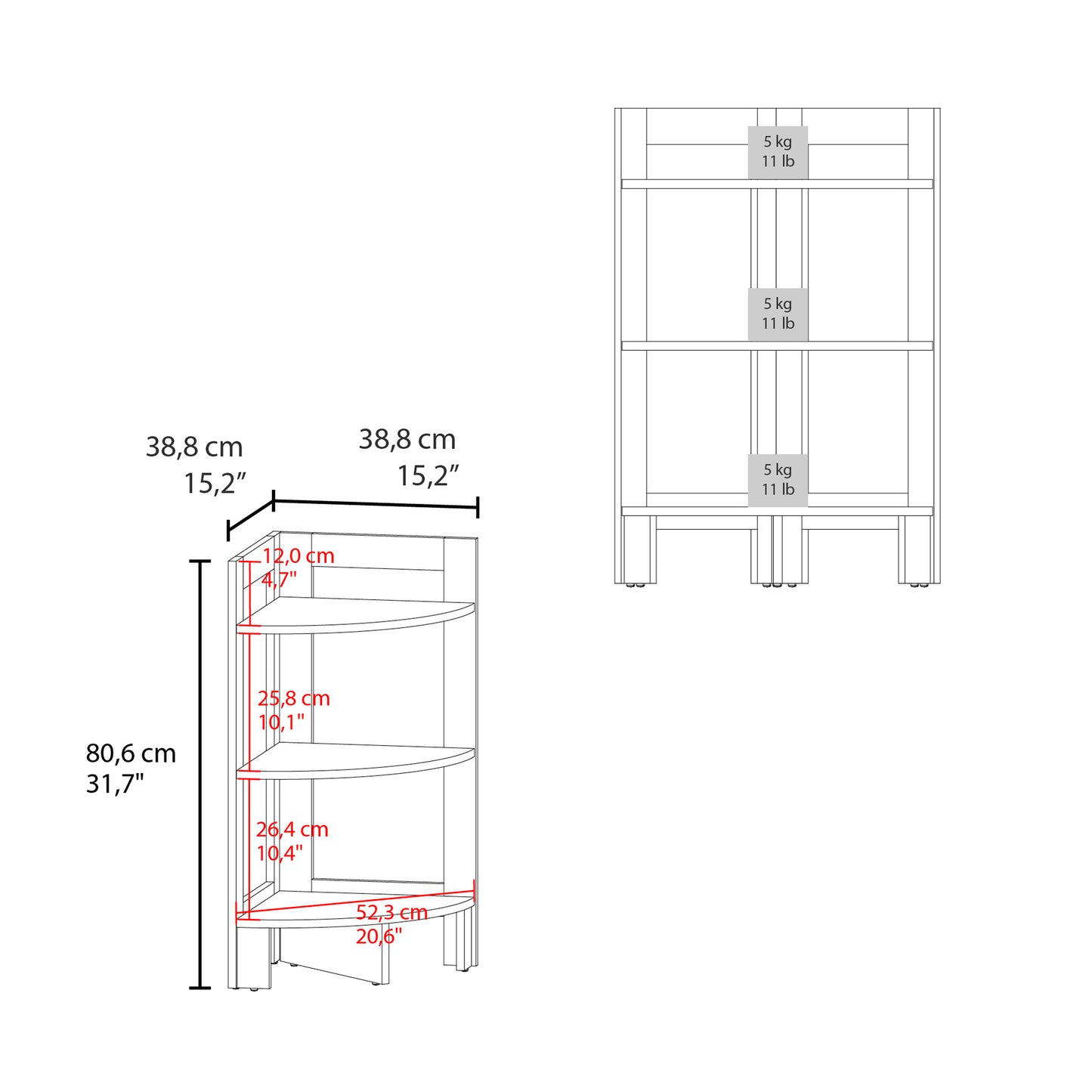Riga Corner Design Side Table with Three Shelves, Functional Display Furniture for Living Room
