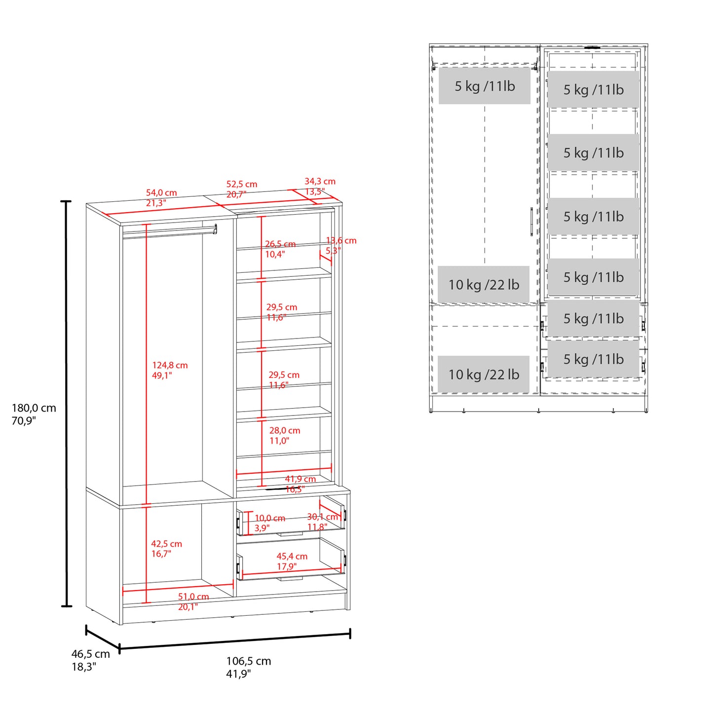 Seville 71" High Mirror Armoire, One Door Cabinet, Two Drawers , Hanging Rod, Rotating Mirror And Shoe Rack, Two Shelves