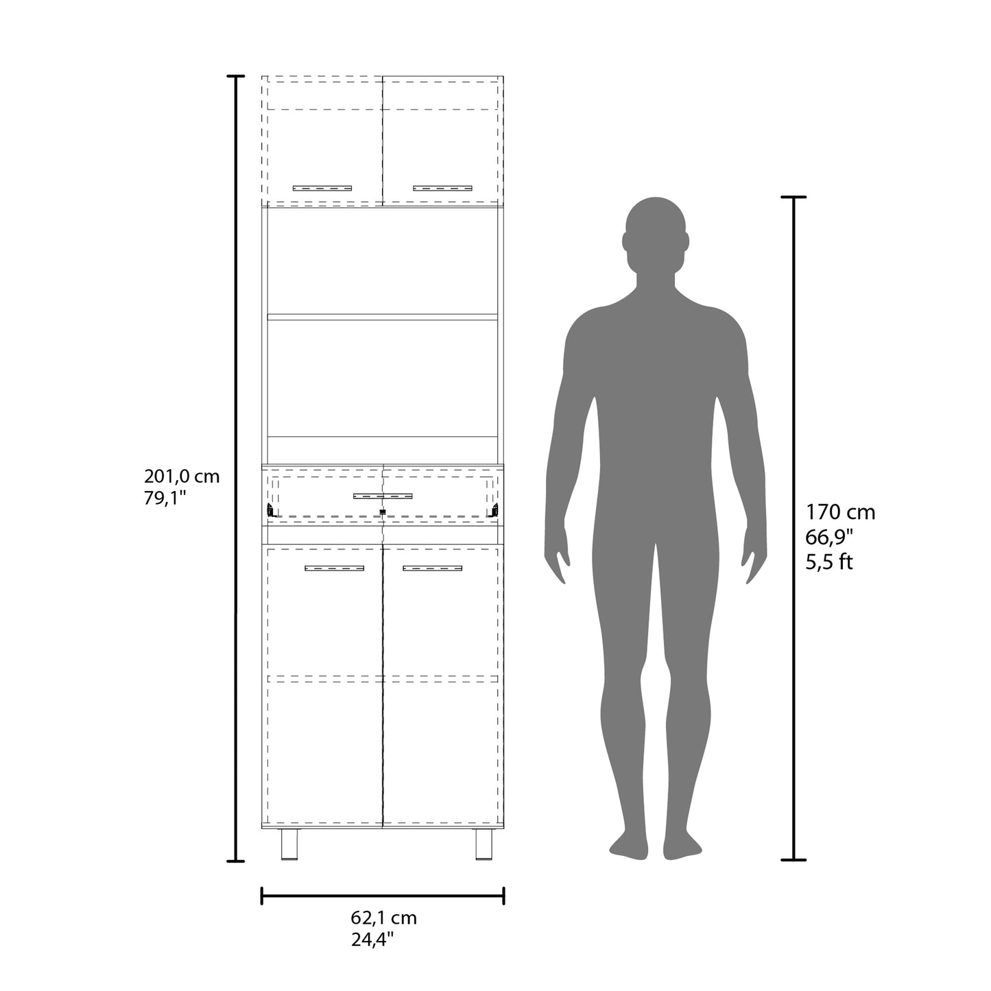 Sicilia Pantry Cabinet Freestanding Kitchen Storage Unit with Two Doors and Multiple Interior Shelves, Ideal for Organizing Food, Dishes, Cookware, and Small Appliances