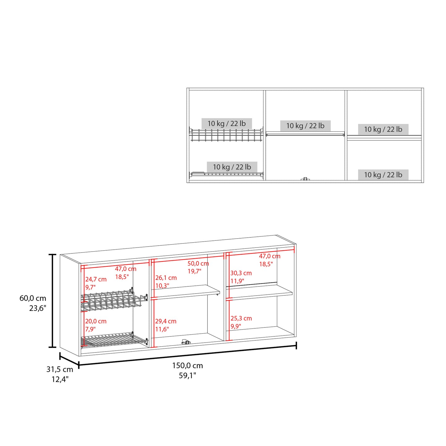 Wall Cabinet Superior 150, Dishes Cabinet with four Doors and Six Shelves