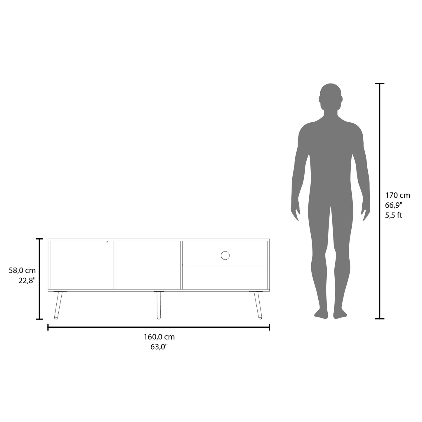Vulcan 63" Wide Tv Stand with One Cabinet, Three Open Shelves, Cable Management, Living Room, Tv Room