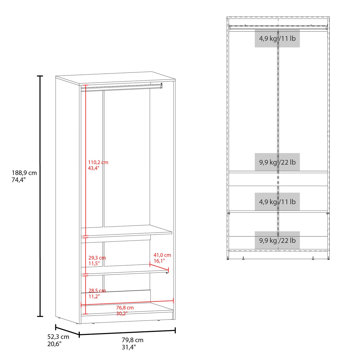 Wenden Armoire Double Doors, Hanging Rod And Interior Shelves, Freestanding Modern Wardrobe