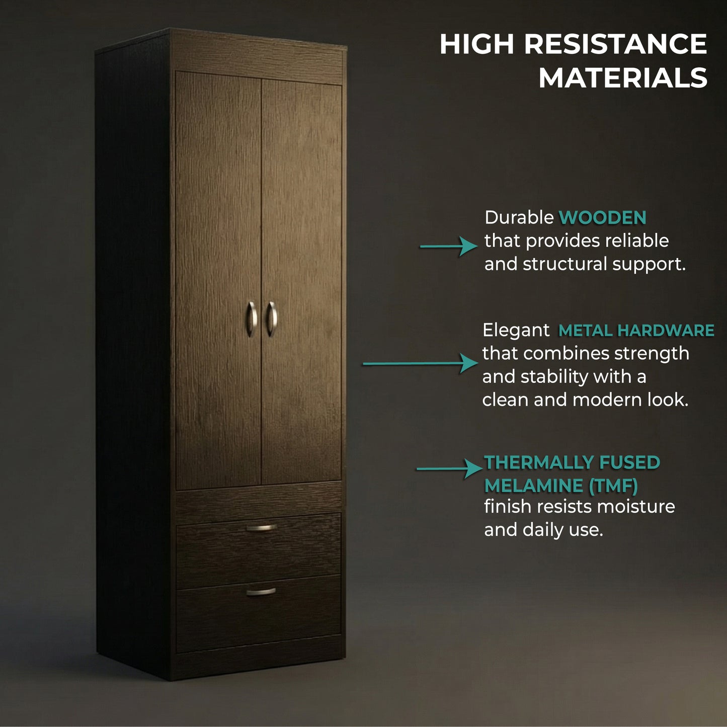TUHOME Lisboa 2-Door Armoire with Double Door Storage, Two Spacious Drawers, Concealed Hanging Rod and Vertical Freestanding Wardrobe for Bedroom, Living Room, Kitchen or Garage Organization