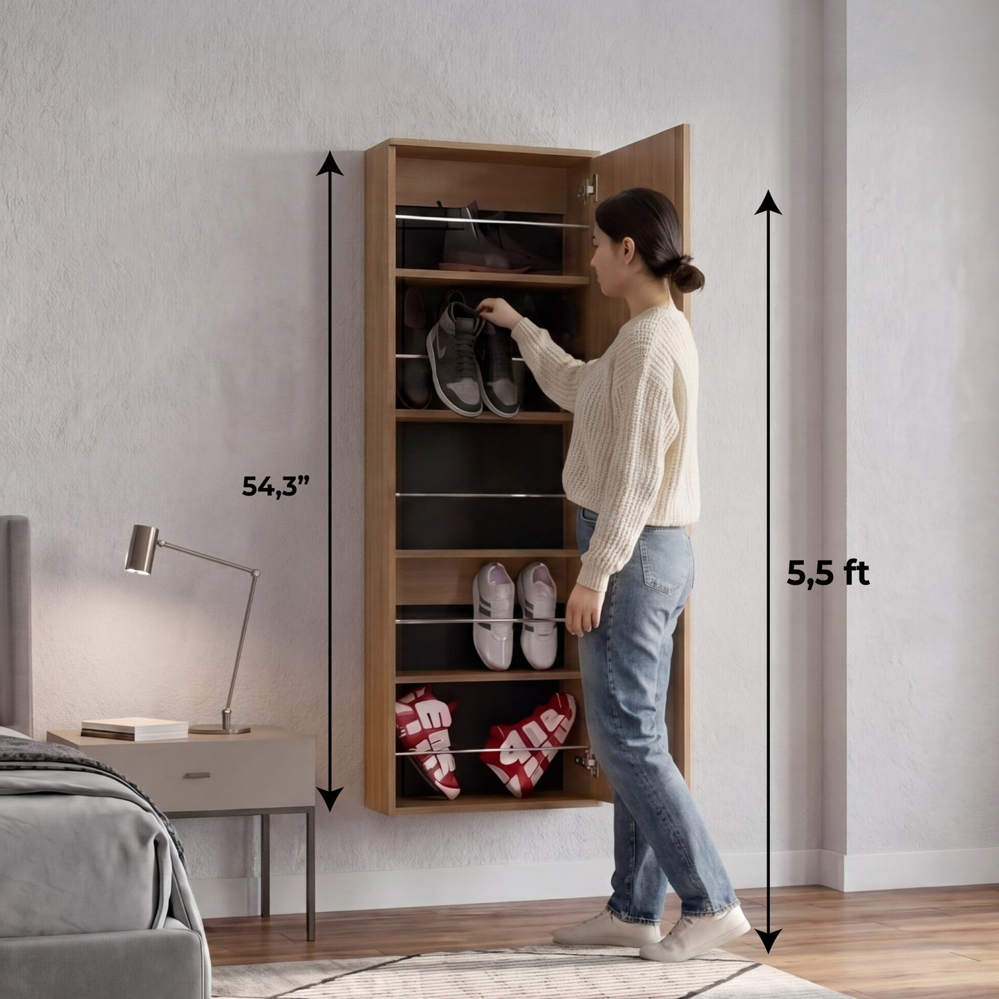 Leto Wall Mounted Shoe Rack with Full-Length Mirror, Single Door Cabinet, Space-Saving Vertical Organizer with Capacity for Ten Pairs, Entryway Storage Cabinet and Modern Shoe Organizer
