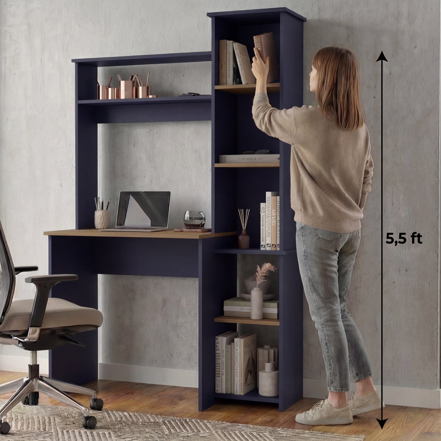 Tuhome Versalles Writing Desk with Two Superior Shelves, Five Side Open Storage Compartments, Space-Saving Modern Workstation Design for Studios and Offices, Ideal for Organization, Books, Accessories and Daily Productivity